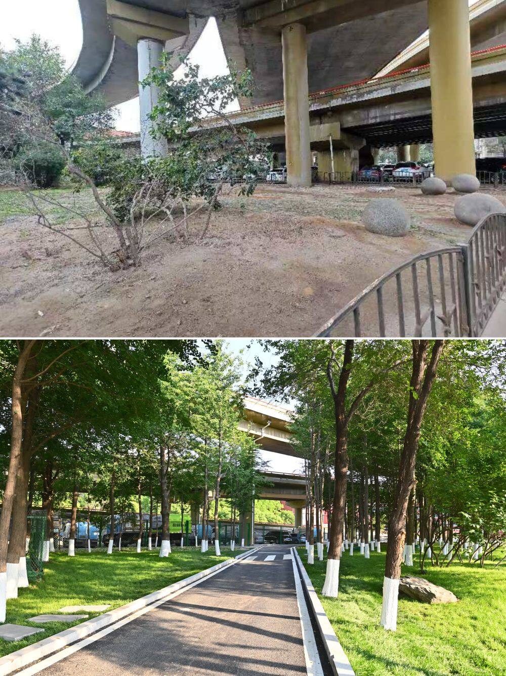 拼版照片：上图为改造前的鞍山市五一路立交桥下停车场（资料照片，新华社发）；下图为5月25日拍摄的五一路立交桥桥下绿地和停车场（新华社记者 吴青昊 摄）。