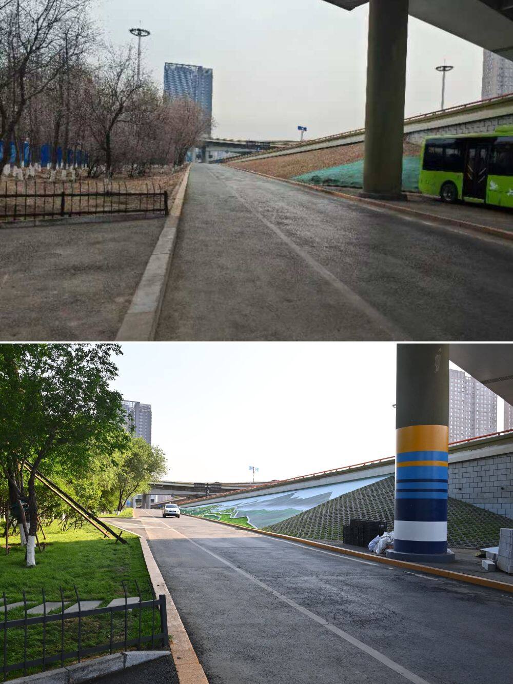 拼版照片：上图为改造前的鞍山市五一路立交桥（资料照片，新华社发）；下图为5月25日拍摄的五一路立交桥（新华社记者 吴青昊 摄）。
